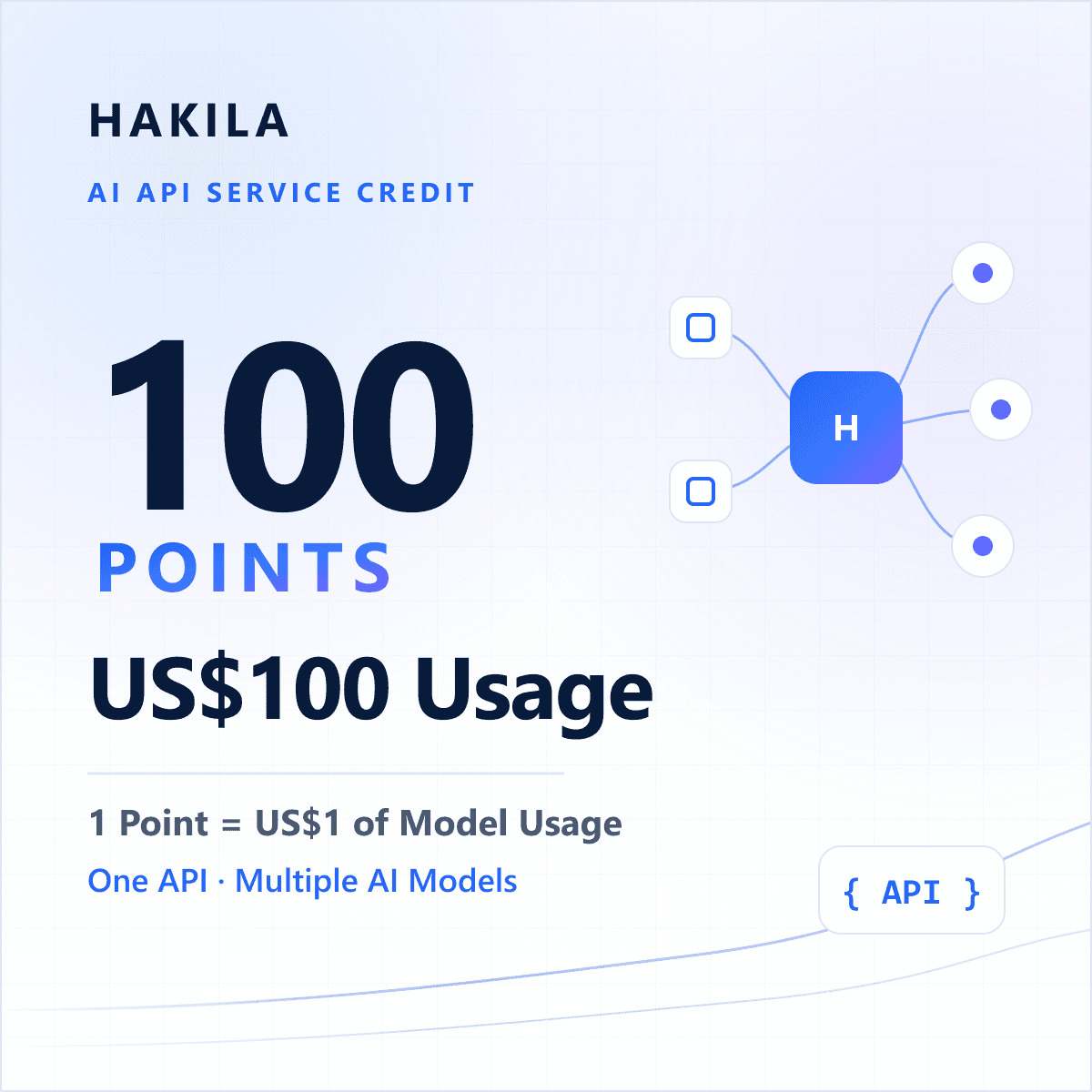 HAKILA AI API 服務點數商品圖：100 點等於 100 美元的模型用量，一個 API 使用多種 AI 模型